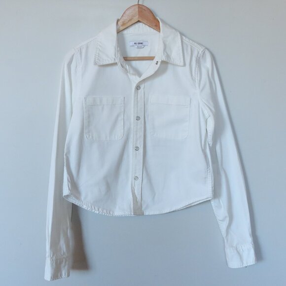 RE/DONE white denim shirt pearl snap crop XS western cowgirl casual cotton rodeo - Picture 2 of 10